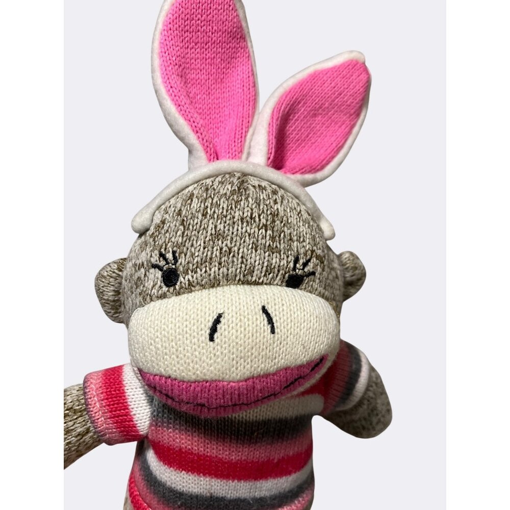 Sock Monkey Plush Toy With Pink Bunny Ears And Striped Sweater 12 Inches Tall - Picture 4 of 10